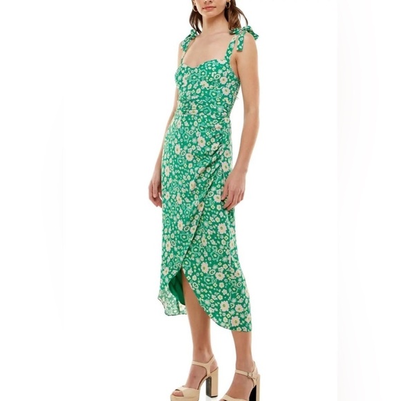 WAYF Malibu faux wrap Kelly green floral midi dress size S